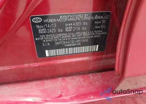 2014 Hyundai Sonata Gls z USA, uszkodzony, nr VIN 5NPEB4AC9EH851949